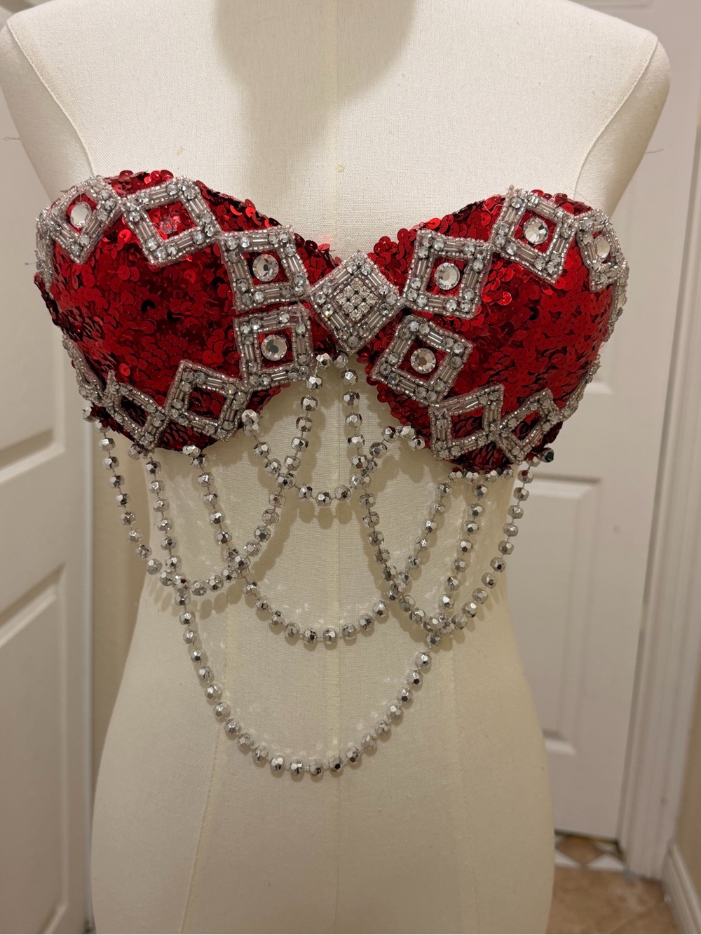 Halloween Red Sequin Strapless Bandeau with Silver Beaded Drapes